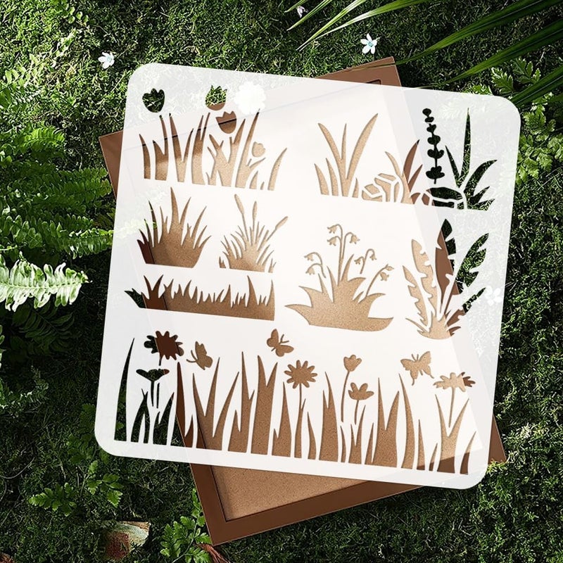 DOODLREAM 8 Styles Grass Flower Bushes Stencil for Painting, 11.8"x11.8"Reusable Plants Stencil Drawing Template, DIY Craft Paint Template for Wall Home Decor Wood Burning Card Journal Fabric - Image 4
